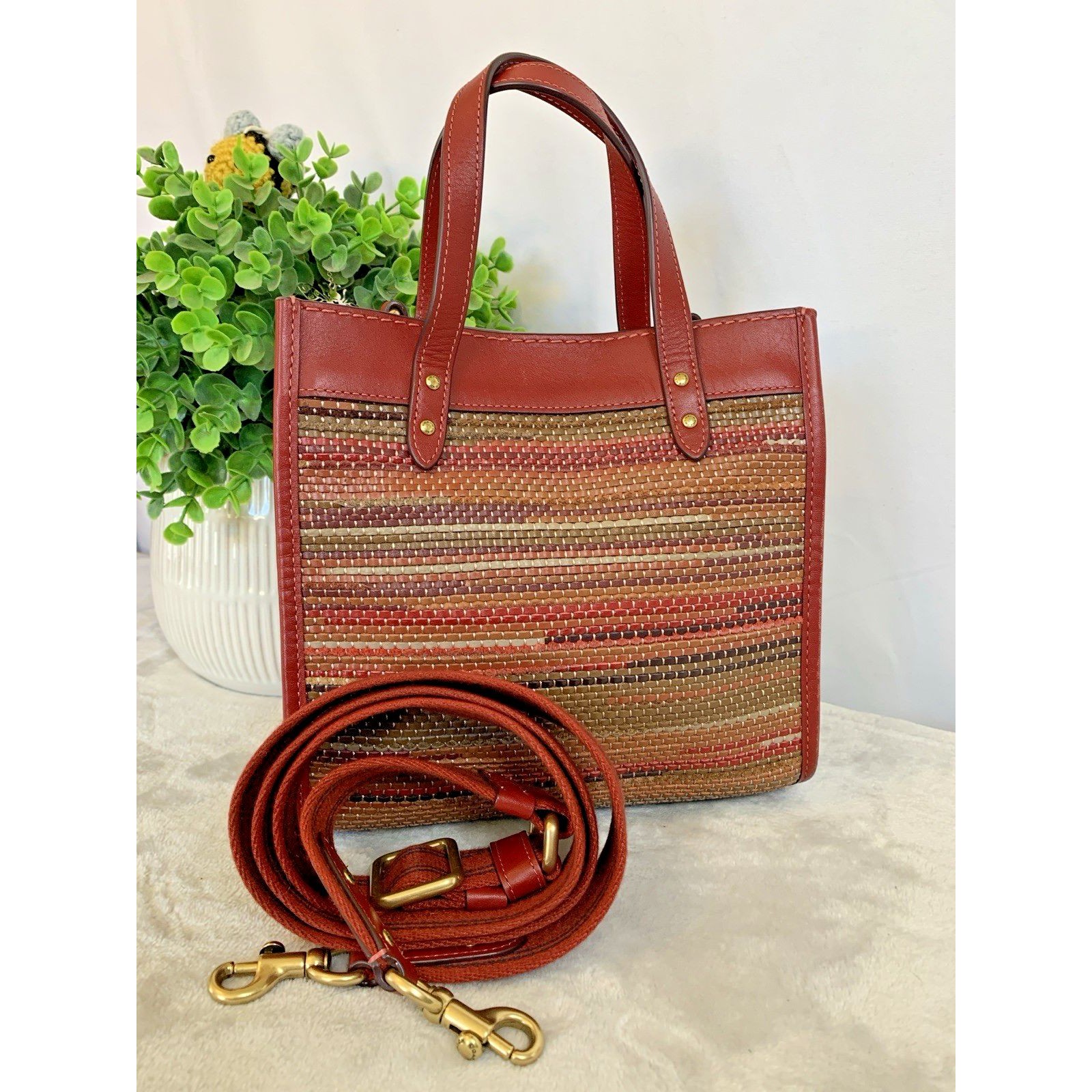 Coach Field Tote 22 Bag C3860 Upwoven Leather Satchel Crossbody Brick Red